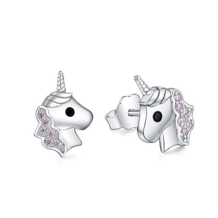 Boucles d'Oreilles Licorne<br> Tête en Argent - Une Licorne